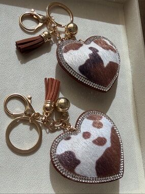 PuffyHeart Cowhide Tassel Keychain Bag Charm - Brown & White - Bundle of 2